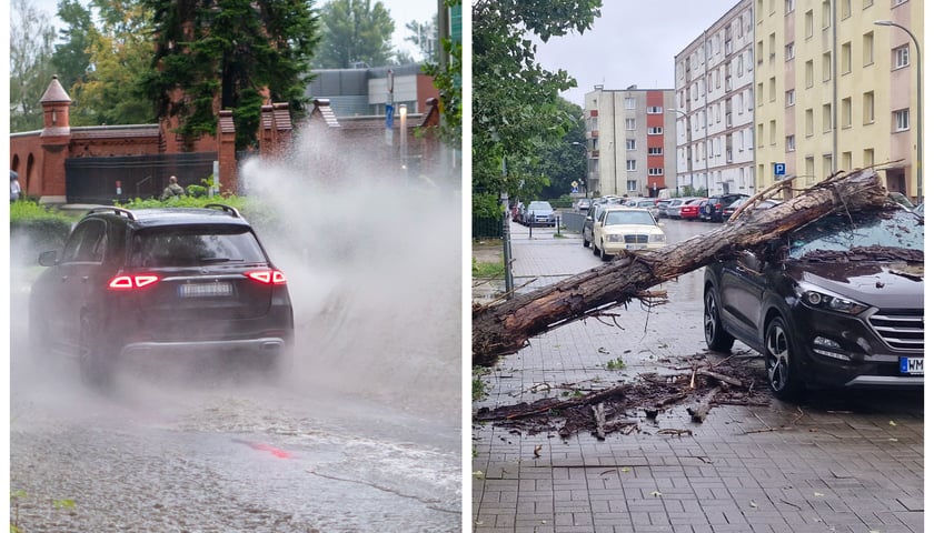 Samochód jadący przez zalaną ulicę / pień drzewa pod wpływem wody spadł na samochód na ul. Grochowej (6.08.2023)