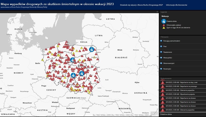 Mapa wypadków drogowych ze skutkiem śmiertelnym w okresie wakacji 2023. Stan na 7 sierpnia 2023