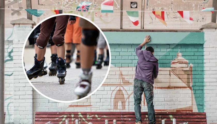 Kolaż dwóch zdjęć. Mężczyzna malujący mural na ścianie. W kółku nogi ludzi jeżdżących na rolkach. Grafika ilustracyjna