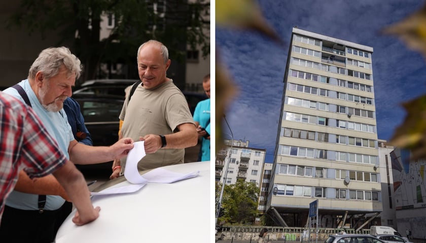 Kolaż dwóch zdjęć. Z lewej strony mieszkańcy Trzonolinowca podpisujący dokumenty. Z prawej strony budynek Trzonolinowiec.