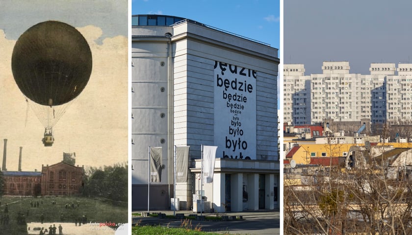 Ilustracja, która jest podzielona na trzy części: od lewej - balon nad Wrocławiem, budynek Muzeum Współczesnego Wrocław, wieżowce przy placu Grunwaldzkim 