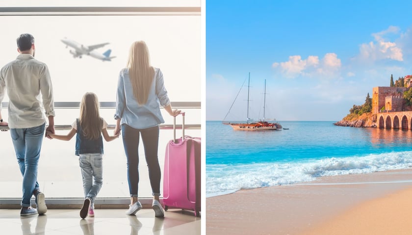 Po lewej: trójka turystów zapatrzona w lecący samolot, po prawej: plaża, statek i zabudowania miasta Antalya w Turcji
