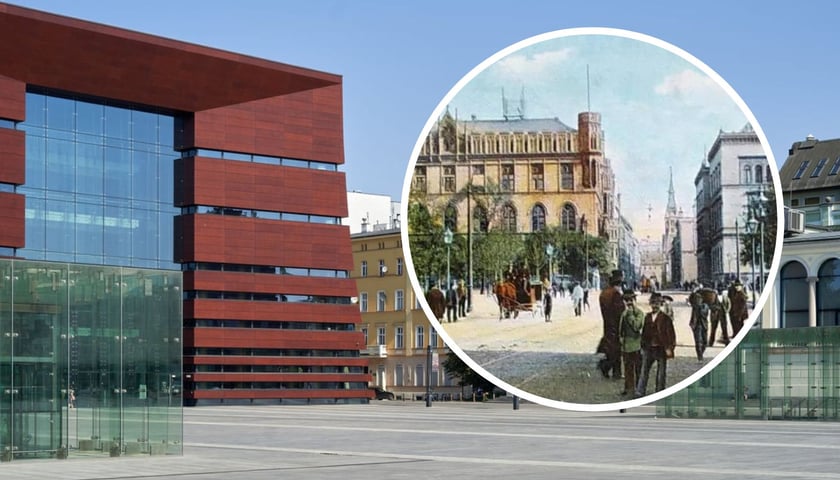 Plac Wolności z lotu ptaka, w kółku dawny Pałac Królewski 