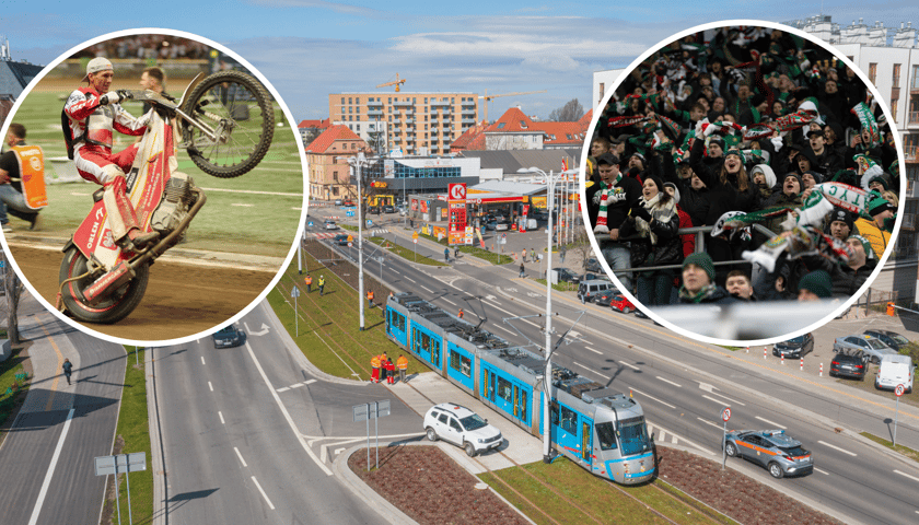Tramwaj, który jedzie torowiskiem we Wrocławiu. Na zdjęciu w kółku po prawej stronie - kibice Śląska Wrocław, w kółeczku po lewej stronie - żużlowiec na motorze. 