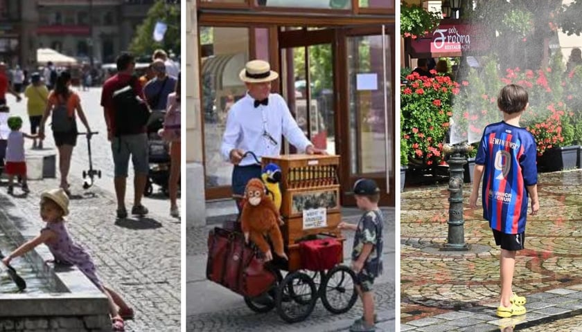 Dzieci, mężczyźni i kobiety na wrocławskim rynku.
