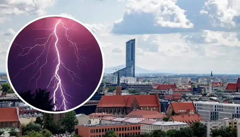 Panorama Wrocławia. Na zdęciu w kółku - pioruny, burza