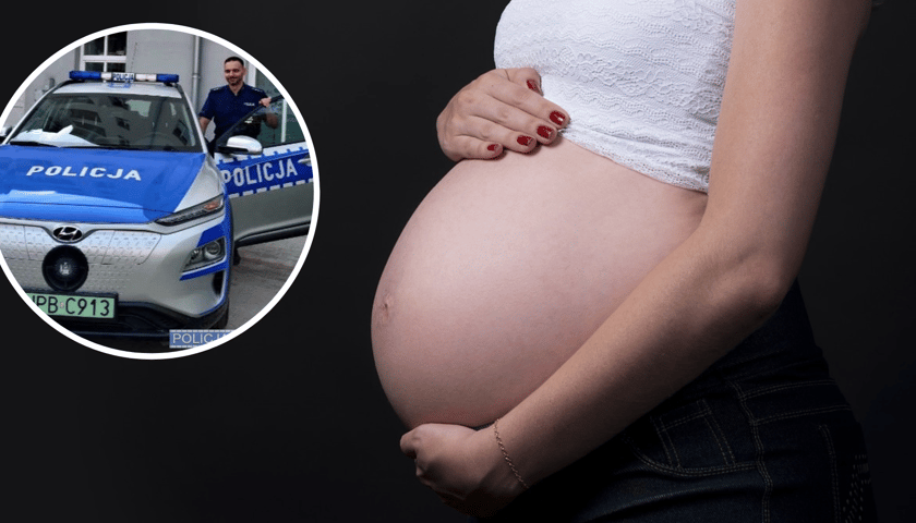 Ciężarna kobieta trzyma się za brzuch. Na zdjęciu w kółku funkcjonariusz policji przy radiowozie