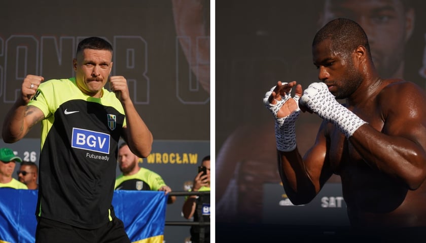 Oleksandr Usyk (z lewej) i Daniel Dubois (z prawej) podczas treningu na placu Wolności we Wrocławiu. Mistrzowska walka i wielka bokserska gala już w sobotę na Tarczyński Arenie.