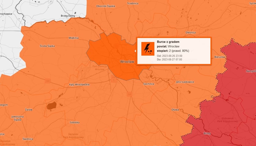 Mapa przedstawia prawdopodobieństwo wystąpienia burz z z gradem i silnego wiatru we Wrocławiu