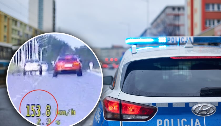 Policyjny radiowóz na drodze / screen z policyjnego nagrania momentu przekroczenia prędkości przez kierowcę