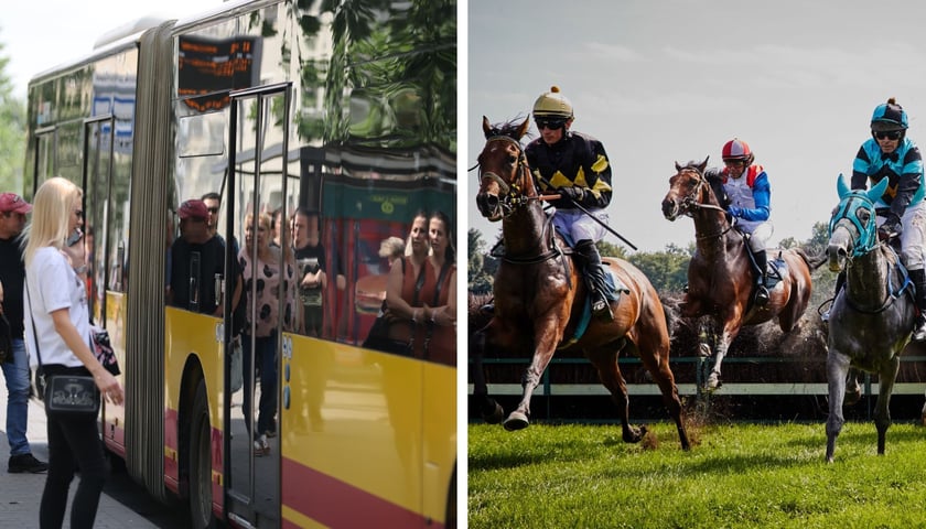 Pasażerowie wsiadający do autobusu (po lewej) i konie z jeźdźcami podczas wyścigu (po prawej)