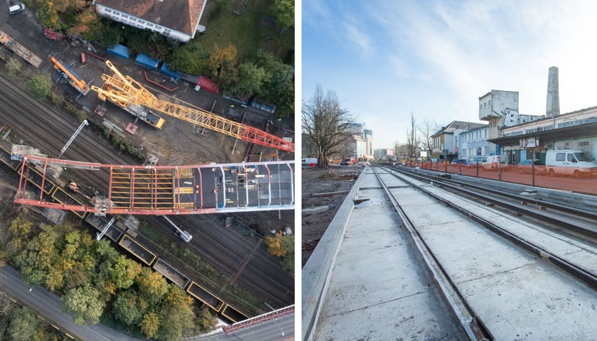 Budowa TAT na Nowy Dwór na zdjęciach - z lewej budowa wiaduktu nad torami kolejowymi, z prawej pierwszy etap wzdłuż ul. Robotniczej