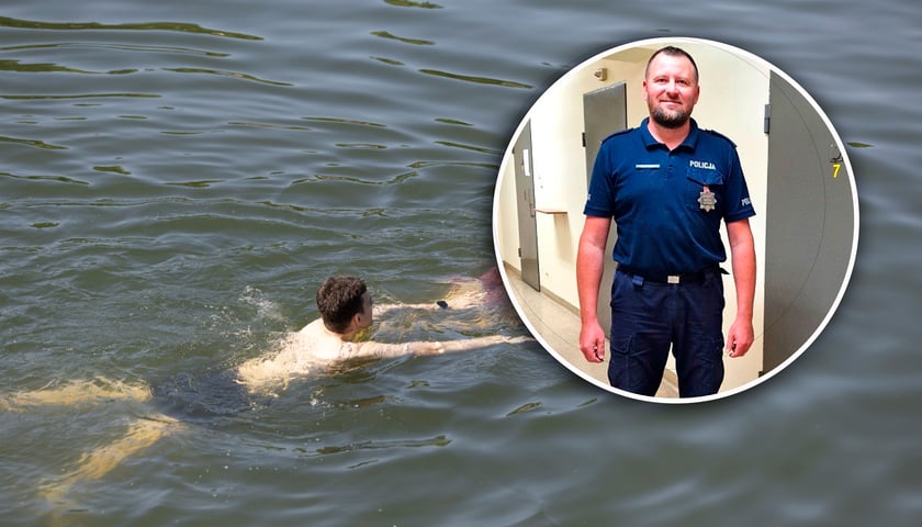 Człowiek kąpiący się w wodzie i policjant, który podczas wypoczynku nad morzem uratował topiącego się chłopca 