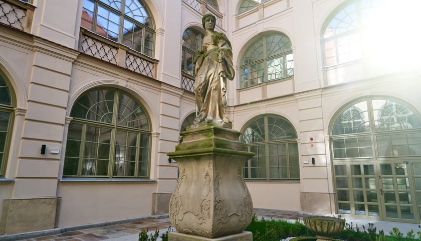 Perełka wrocławskiej architektury znalazła się w finale konkursu "Modernizacja Roku i Budowa XXI w.". Na zdjęciu widać rzeźbę na patio barokowego gmachu Katedry Antropologii, której rewitalizacja zakończyła się w tym roku