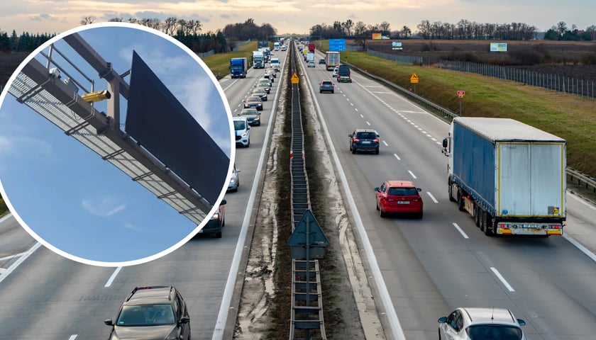 Samochody na autostradzie A4. Po lewej w kółku kamera na bramie 