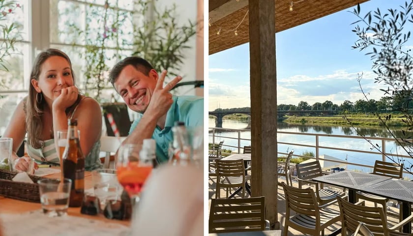 Taras z widokiem na rzekę oraz uśmiechnięci goście - kobieta i mężczyzna przy stole