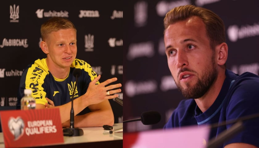 Od lewej: Ołeksandr Zinczenko (Ukraina) i Harry Kane (Anglia) podczas konferencji prasowych we Wrocławiu.