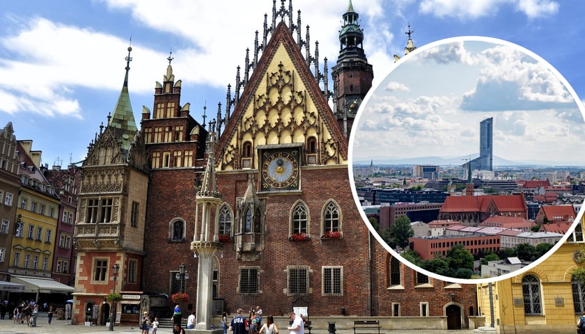 Widok na Ratusz we Wrocławiu. Na zdjęciu w kółeczku - Sky Tower