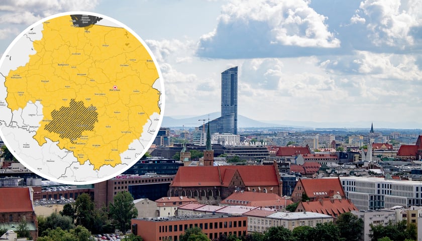 Panorama Wrocławia, na której widać Sky Tower. Na zdjęciu w kółku - mapa z IMGW