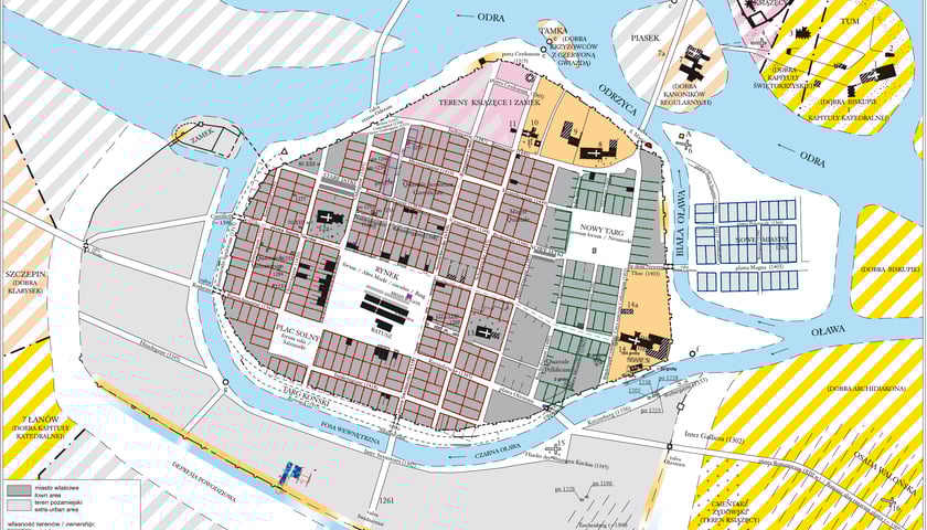 <p>Mapa Wrocławia ok. 1300 rok z Atlasu Historycznego Miast Polskich, Instytut Archeologii i Etnologii PAN, 2017&nbsp;</p>