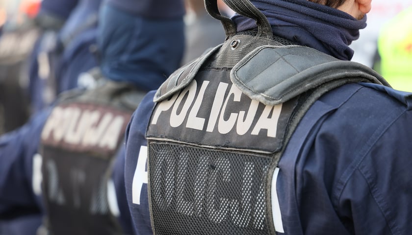Zbliżenie na plecy policjantów w kamizelkach z napisem "policja" (zdjęcie ilustracyjne)
