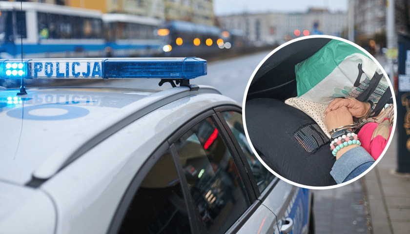 Radiowozy wrocławskiej policji, z lewej strony w kółku zbliżenie na dłonie zatrzymanej kobiety