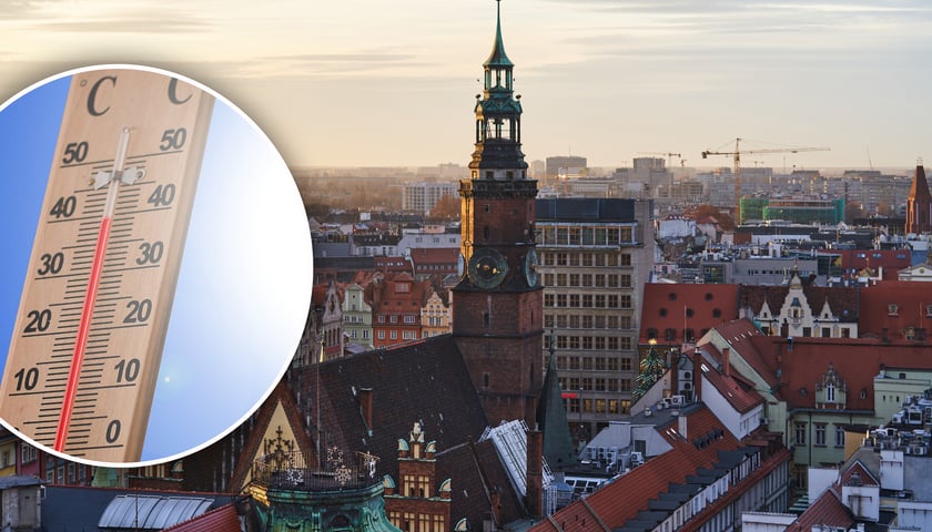 Panorama Wrocławia, w kółeczku znajduje się termometr rozgrzany do czerwoności 