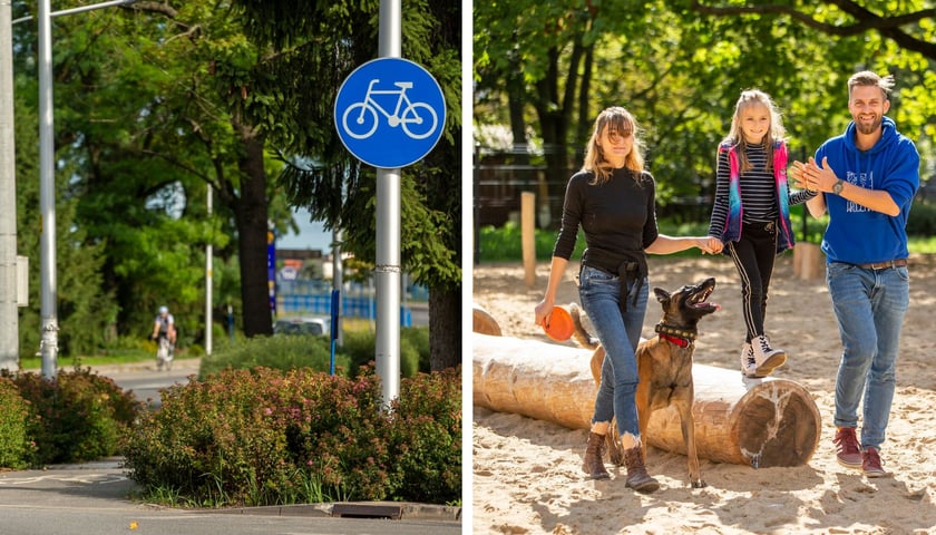 Kolaż dwóch zdjęć. Z lewej strony ścieżka rowerowa wśród zieleni, z prawej strony trzyosobowa rodzina z psem na wybiegu dla czworonogów zbudowanym dzięki środkom z WBO. 