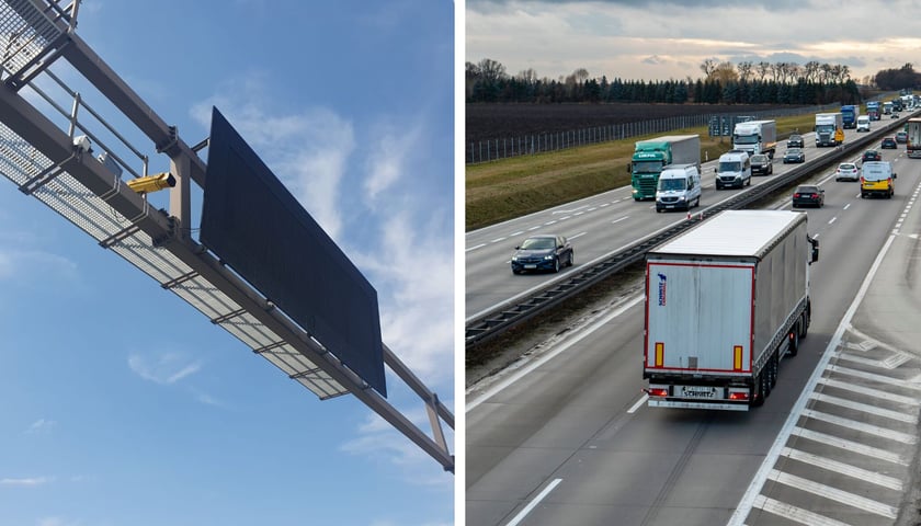 Po lewej: brama z kamerą nad autostradą; po prawej: samochody jadące A4