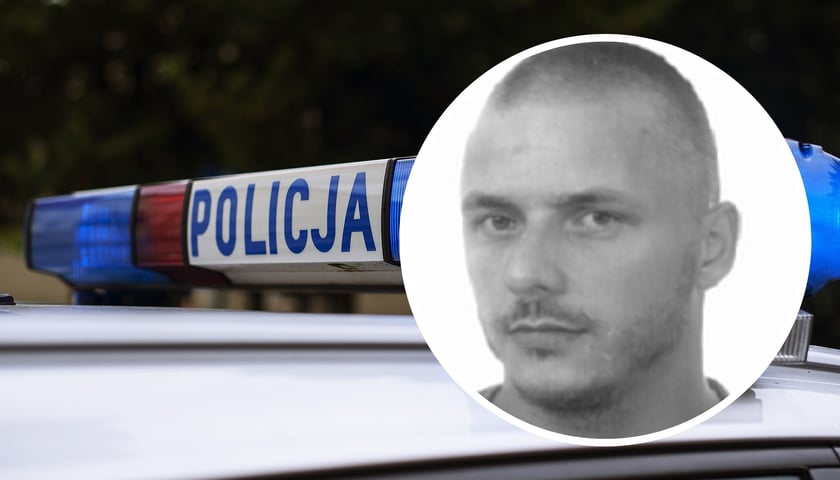 Marcin Fedorowicz. Lat 41. Szuka go policja. Na zdjęciu w tle - policyjny kogut