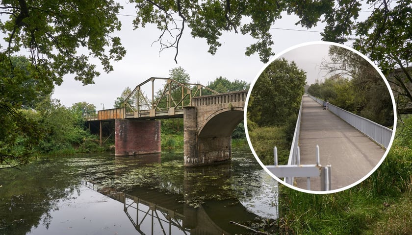 Kolaż dwóch zdjęć - Most Saperski i Most Kilometrowy we Wrocławiu