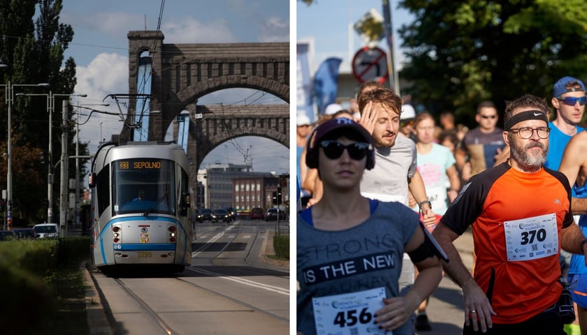 Kolaż dwóch zdjęć. Z lewej tramwaj przy moście Grunwaldzkim. Z prawej biegacze we Wrocławiu. Zdjęcia ilustracyjne 
