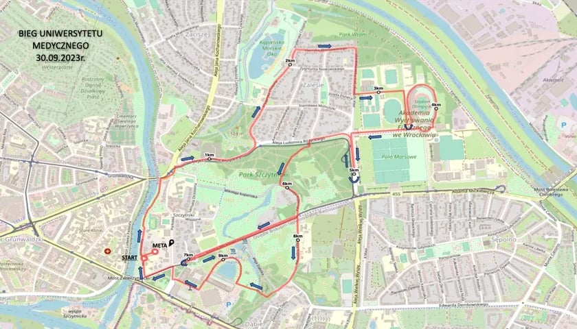 mapka z trasą Biegu Uniwersytetu Medycznego
