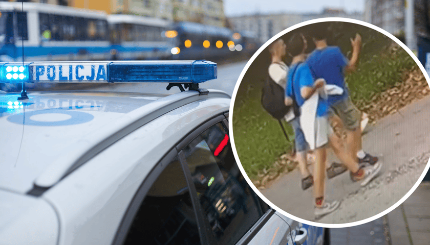 Zrzut z filmu zarejestrowanego przez kamery monitoringu. Na zdjęciu trzy młode osoby. W tle policyjny radiowóz (zdjęcie ilustracyjne)