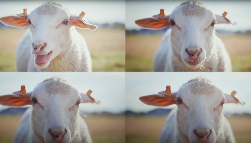 Kadr z filmu  „Sound of Sciences",  Uniwersytetu Przyrodniczego, kolaż złożony z czterech ujęć owcy.