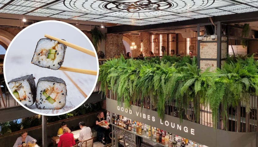 W kółeczku 3 sztuki sushi i pałeczki, w tle restauracja Woosabi przy Świdnickiej