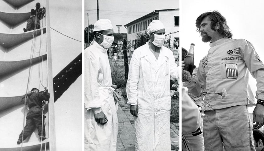 Kolaż trzech czarno-białych zdjęć dotyczących powojennej historii Wrocławia: wejścia taterników na szczyt Iglicy, epidemii czarnej ospy i bicia światowego rekordu prędkości