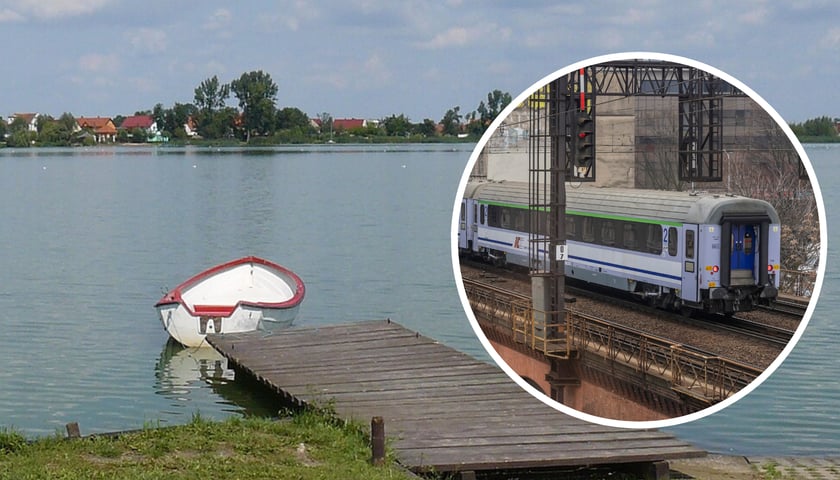 Jezioro Kunickie widok od południa (zdjęcie główne); pociąg (zdjęcie w kółku)