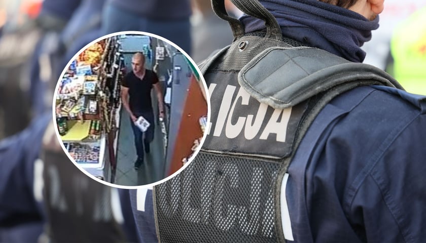 Policjanci w mundurach, w kółku poszukiwany mężczyzna 