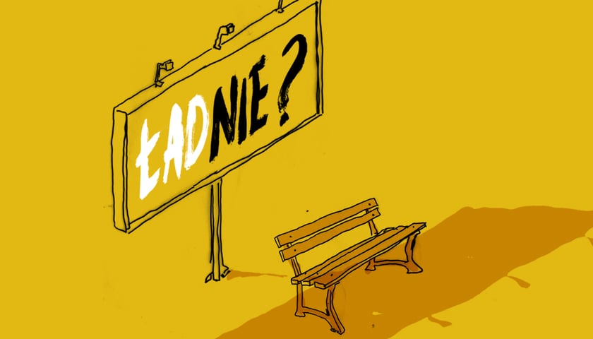 Grafika na żółtym tle. Ławka parkowa, a za nią duży billboard z napisem: "Ładnie?"