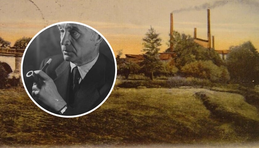 Kolaż dwóch zdjęć. Fryderyk Bergius, w tle fragment pocztówki przedstawiającej dawną fabrykę chemiczną w Złotnikach pod Wrocławiem