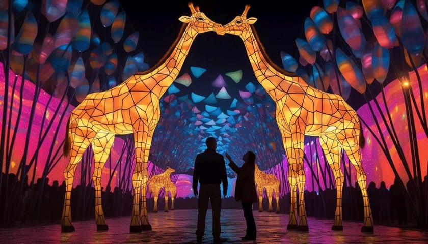 Ogrody Świateł - Garden of Lights. Wizualizacja części wystawy z żyrafami