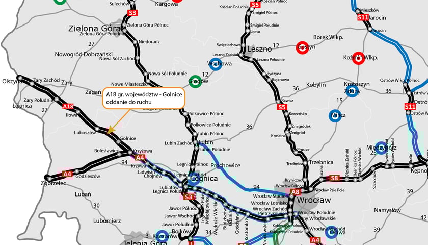 Mapa z przebiegiem A18