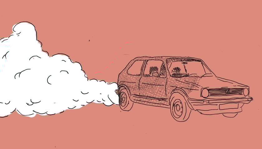 Auto w kłębach spalin. Grafika ilustracyjna.