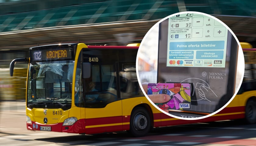 Żółto-czerwony wrocławski autobus z napisem 132 Kromera (zdjęcie główne); czytnik do kupowania biletów (zdjęcie w kółku)  