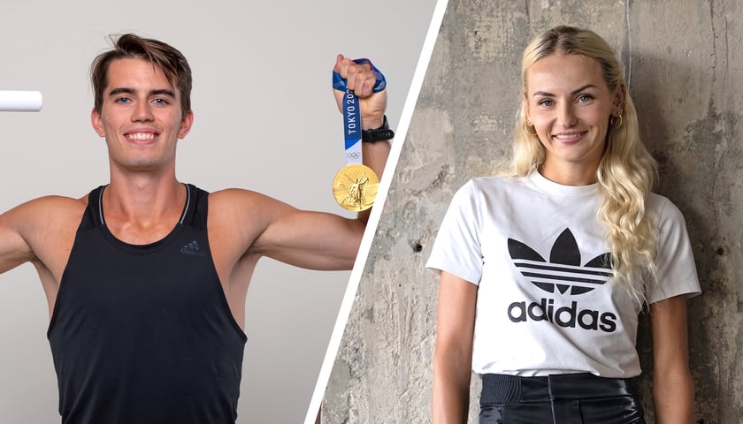Dwa zdjęcia-na zdjęciu z lewej Kajetan Duszyński ze złotym medalem z Tokio 2021, na zdjęciu z prawej Justyna Święty-Ersetic w sportowej koszulce