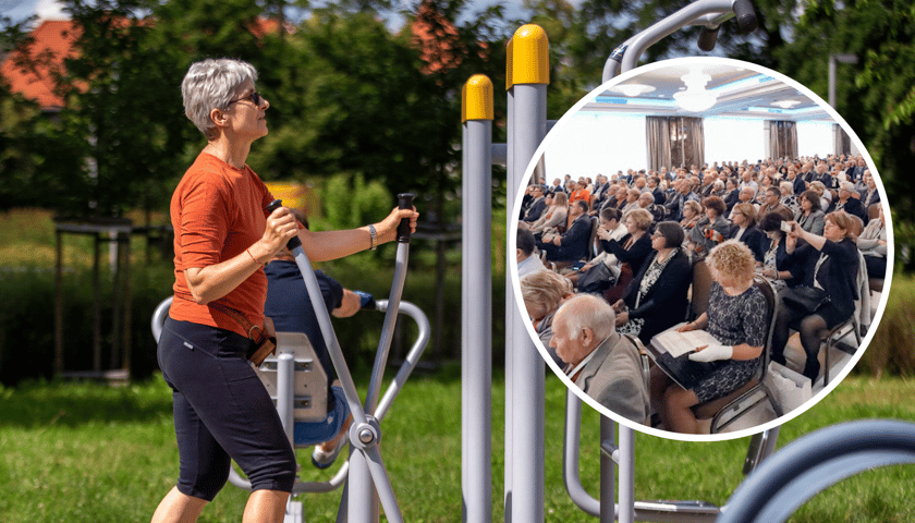 Kobieta z siwymi włosami ćwiczy na siłowni plenerowej (zdjęcie ilustracyjne), w kółku uczestnicy zeszłorocznego kongresu medycyny sportowej
