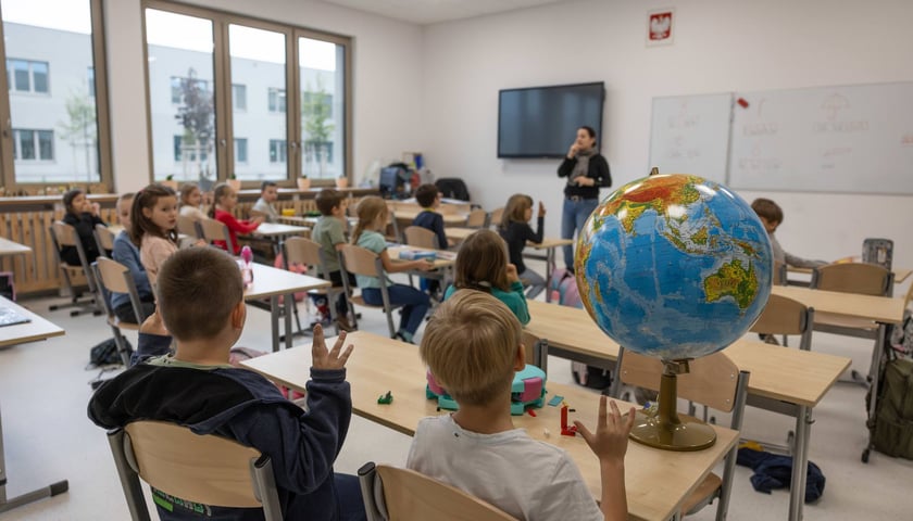 Dzieci siedzące w ławkach na lekcji, na jednej z ławek stoi globus