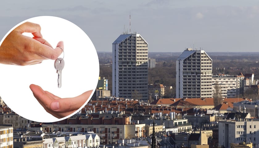 Widok na akademiki "Kredkę" i "Ołówek" (zdjęcie główne); dwie dłonie, na palcu górnej wisi srebrny klucz 