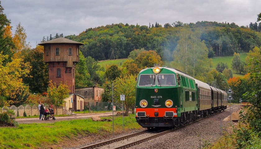 Pociąg retro. Na zdjęciu widać starą lokomotywę i wagony (po prawej stronie zdjęcia), po lewej stronie - zabudowania kolejowe